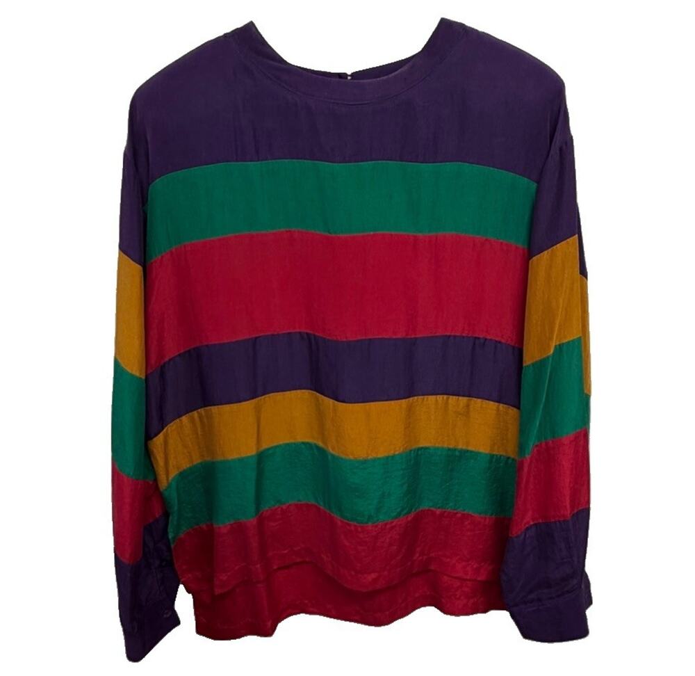 Vintage 90s Silk Jennifer Color Block Blouse Large Jewel Tone Boxy Shoulder Pads